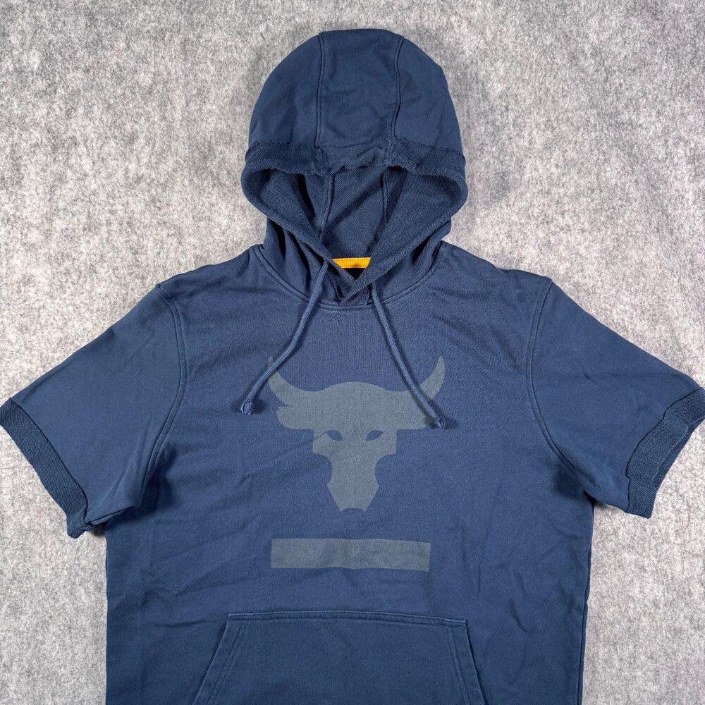 Under Armour Project Rock Hoodie Mens M Blue Short Sleeve Blood Sweat Respect - Picture 2 of 8